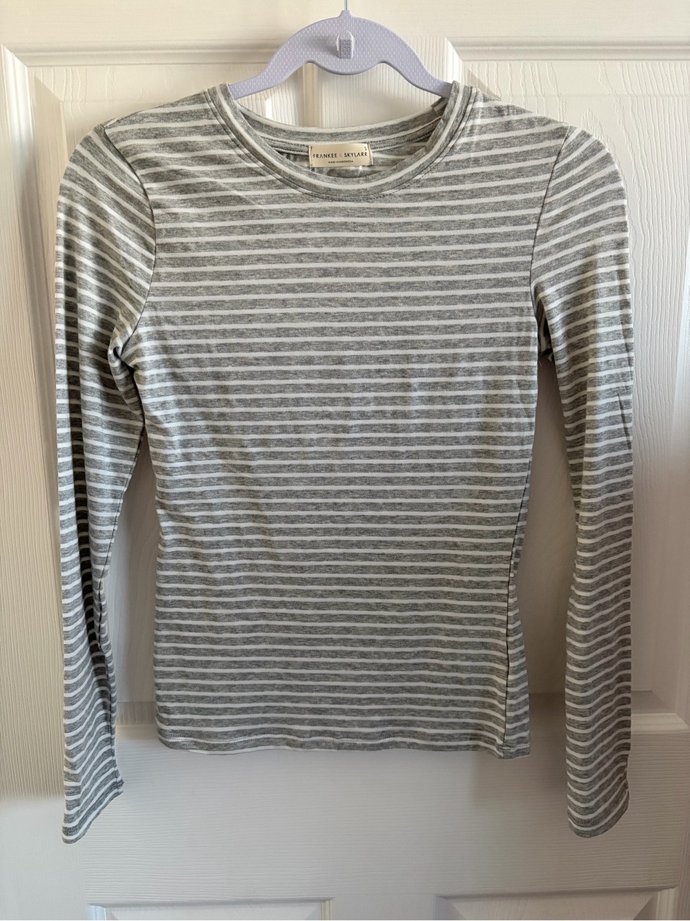 Gray & White Striped Long-Sleeve Crew Tee